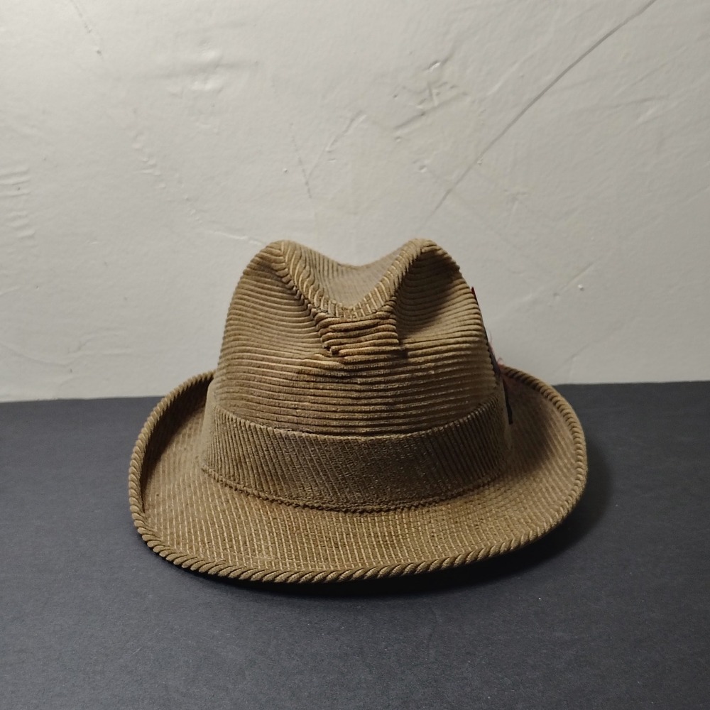 VINTAGE Fedora Hat Men 7 1/8 Gold Corduroy Paisley Lining Feather 1960s